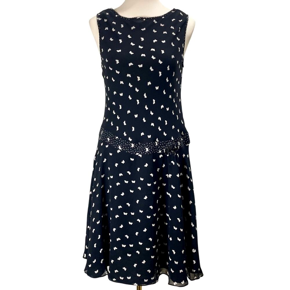 Vintage Cynthia Howie Dress Women's Size 8 Drop Waist Silk Black Butterfly Print
